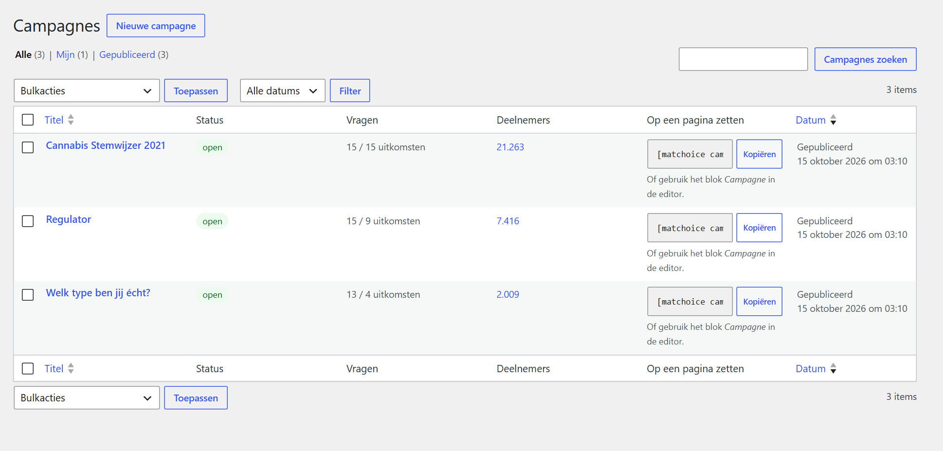 Campagnes: per campagne de status, het aantal vragen en uitkomsten, de deelnemers en een kant-en-klare shortcode.