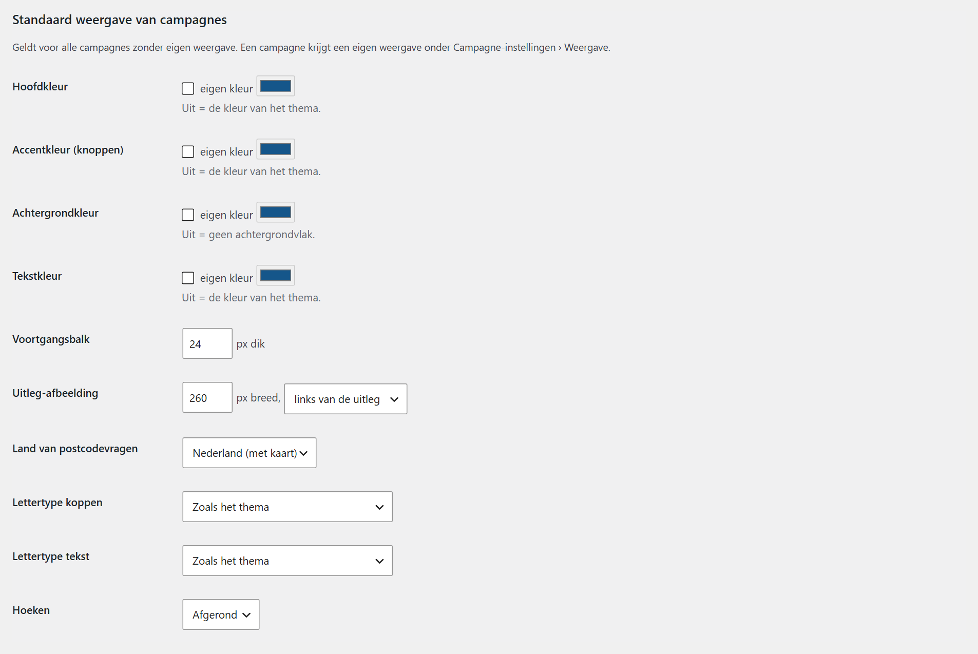 Campagnes › Instellingen › Standaard weergave.