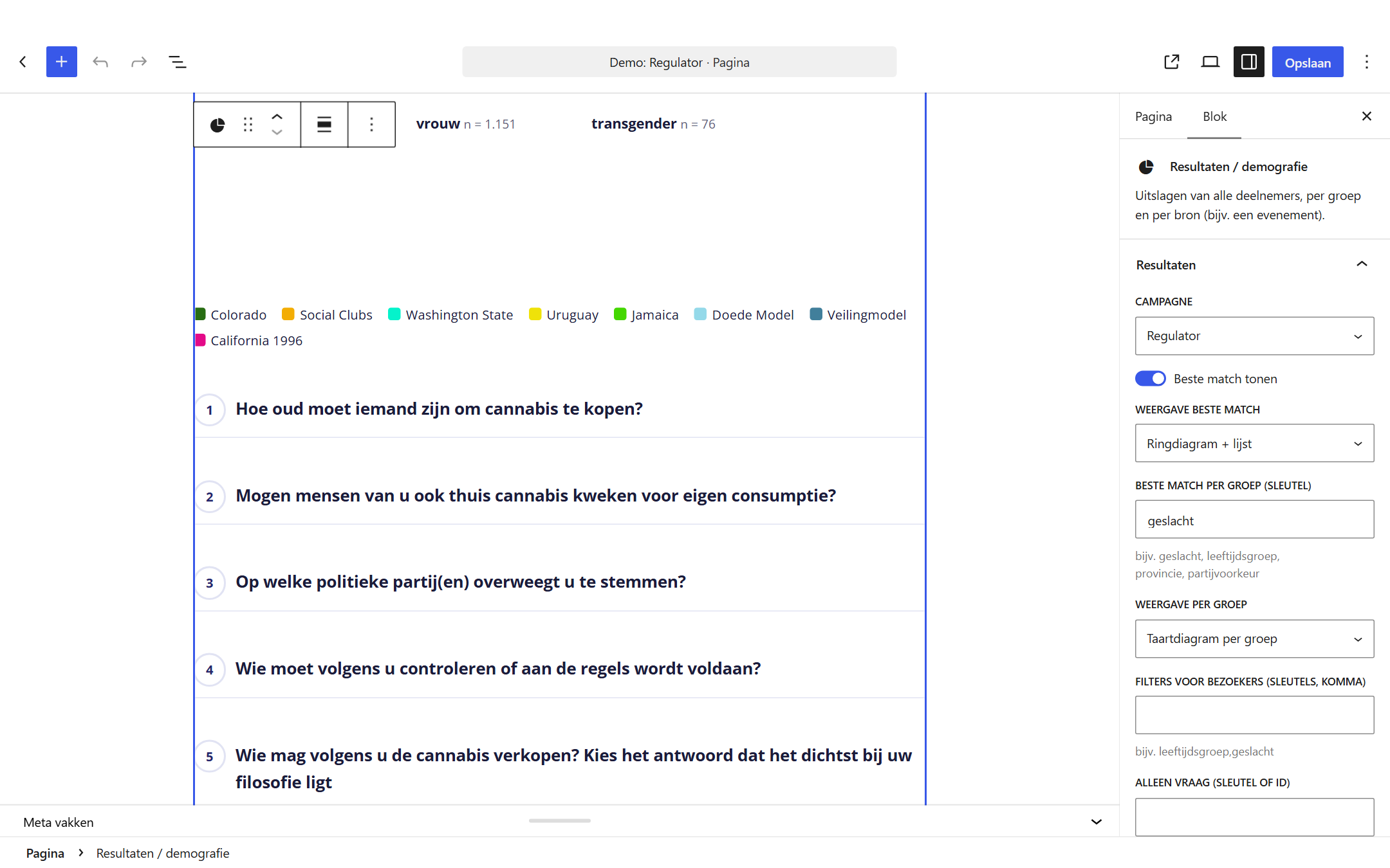 Een Matchoice-blok in de editor. Rechts kies je de campagne uit de keuzelijst en stel je de weergave in.