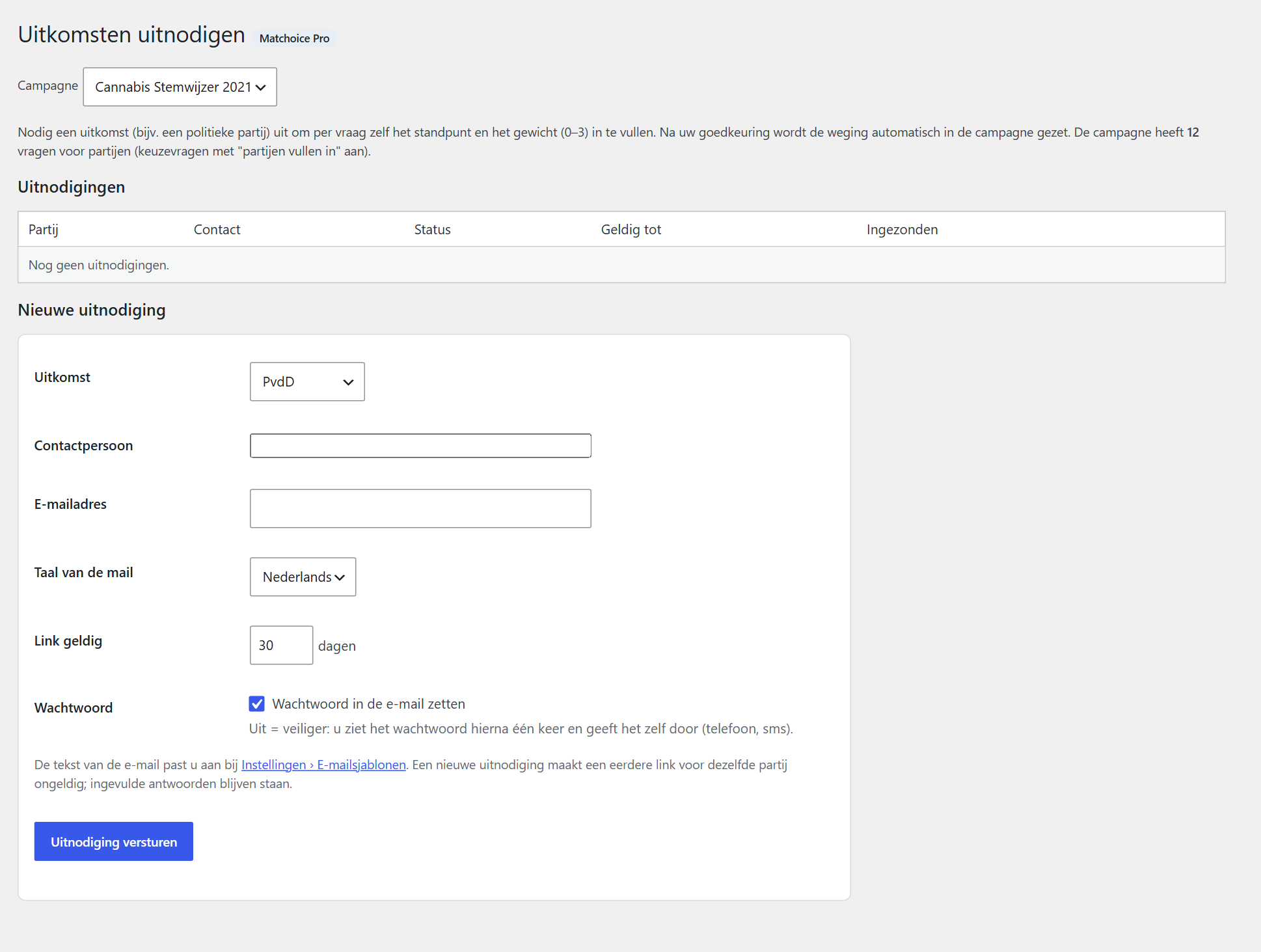 Campagnes › Uitnodigingen (Matchoice Pro): de uitnodigingen met hun status en het formulier voor een nieuwe uitnodiging.