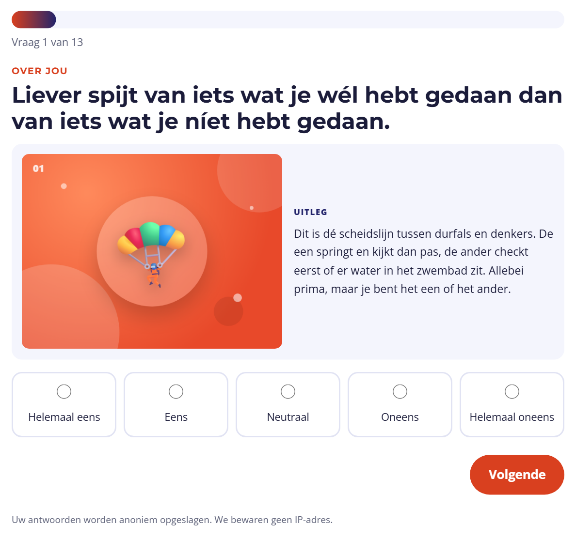 Zo ziet de test eruit voor bezoekers: één vraag per keer, met voortgangsbalk, uitleg en afbeelding.