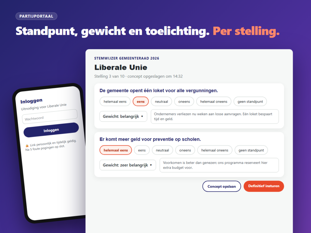 Partijportaal: per stelling een standpunt, gewicht en toelichting, en inloggen met wachtwoord op de telefoon