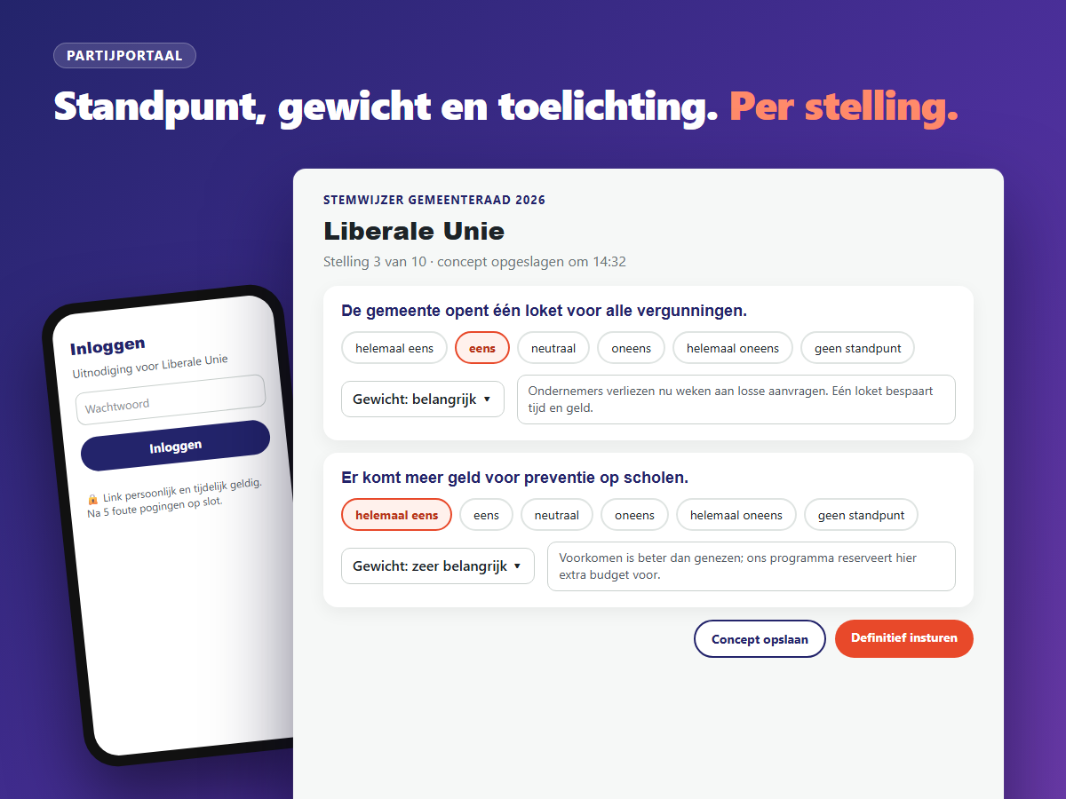 Partijportaal: per stelling een standpunt, gewicht en toelichting, en inloggen met wachtwoord op de telefoon