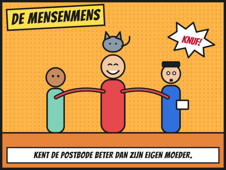 Comic: de Mensenmens knuffelt twee vrienden, een kat en een verbaasde postbode tegelijk
